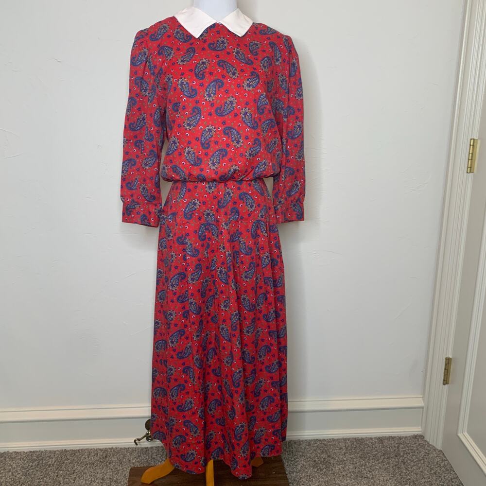 Vintage Red Paisley Pattern Dress 80s 90s Sz Small